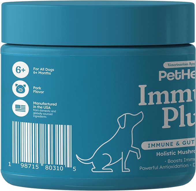 Immune Plus Chews for Dogs - Vet-Reviewed - Supports Immunity, Energy & Liver Health with Turkey Tail, Reishi & Milk Thistle | Reduces Lumps & Promotes Shiny Coat | 30 Pork-Flavored Soft Chews