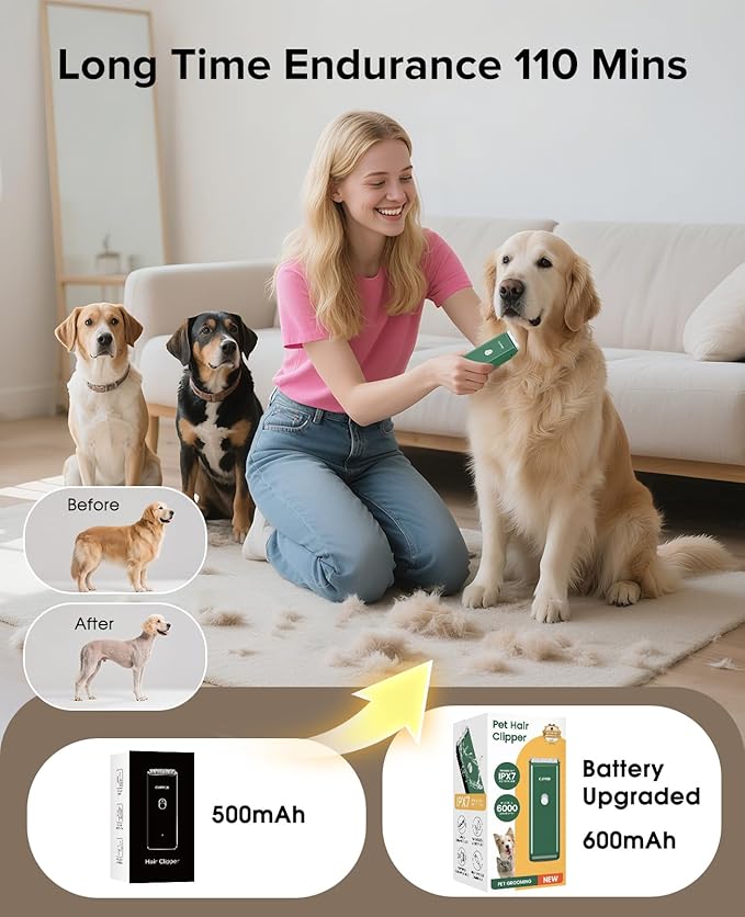 Upgrade Home Professional Dog Grooming Kit Clipper for Matted&Long Hair, Cordless Pet Shaver Low Noise USB Rechargeable for Cats, Small&Medium Dogs, Handy Pet Hair Grooming Trimmer, Green