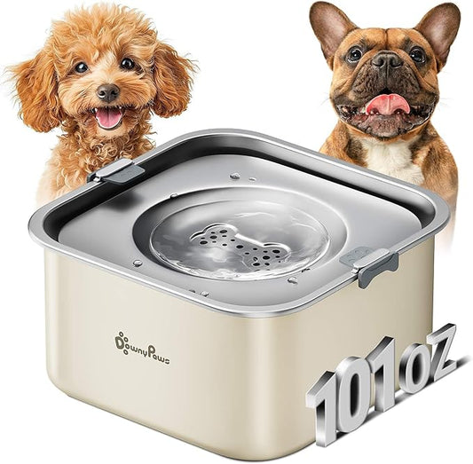 DownyPaws No Spill Water Bowl for Dogs,101oz/3L Slobber Stopper Stainless Steel, Slow Drinking Dog Water Bowl, No Mess Dog Water Dispenser Spill Proof, Dishwasher Safe, Beige