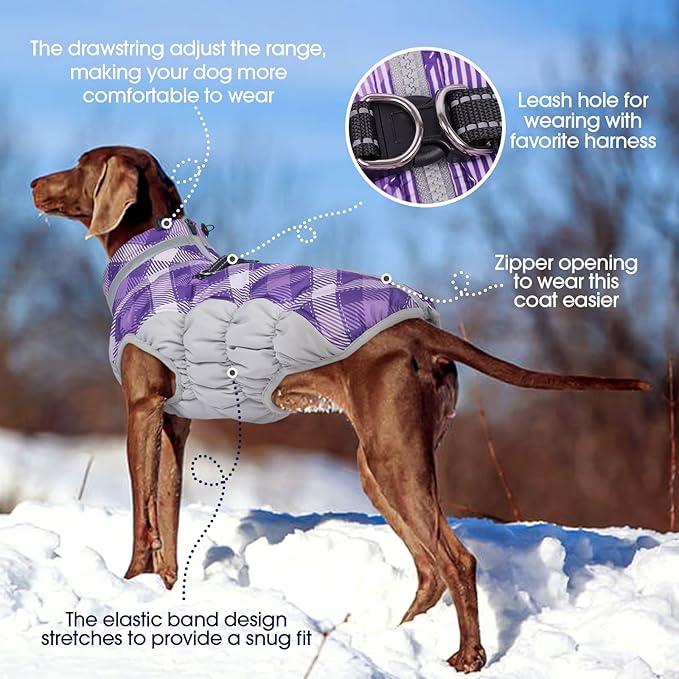 FUAMEY Dog Coat for Large Dogs,Waterproof Dog Winter Jacket with Harness Built in Puppy Cold Weather Coats Reflective Pet Vest with Zipper Warm Fleece Dogs Snowsuit Windproof Purple Plaid 2XL