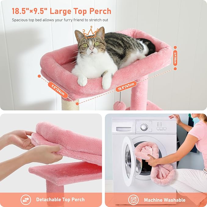 Pink Cat Tree for Indoor Cats, 2 Cozy Condos with Spacious Top Perch, 56.3-Inch Multi-Level Cat Tower with Scratching Posts, 2 Caves, Plush Hammock and Climbing Ramp