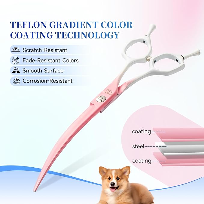 Curved Dog Grooming Scissors Pink to White Gradient 440C Stainless Steel Pet Grooming Shears Sharp Durable Dog Shears for Professional or Home Use Ergonomic Handle with 2 Silicone Finger Rings