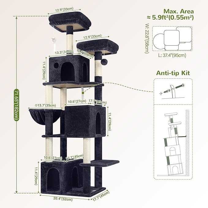 Globlazer Cat Tree Tall, 71 inches Cat Tower for Indoor Adult Cats Multi-Level 3 Condos for Indoor Cats XL Cat Tree Tower with Scratching Posts, Soft Extra Large Hanging Basket, F71, Dark Gray