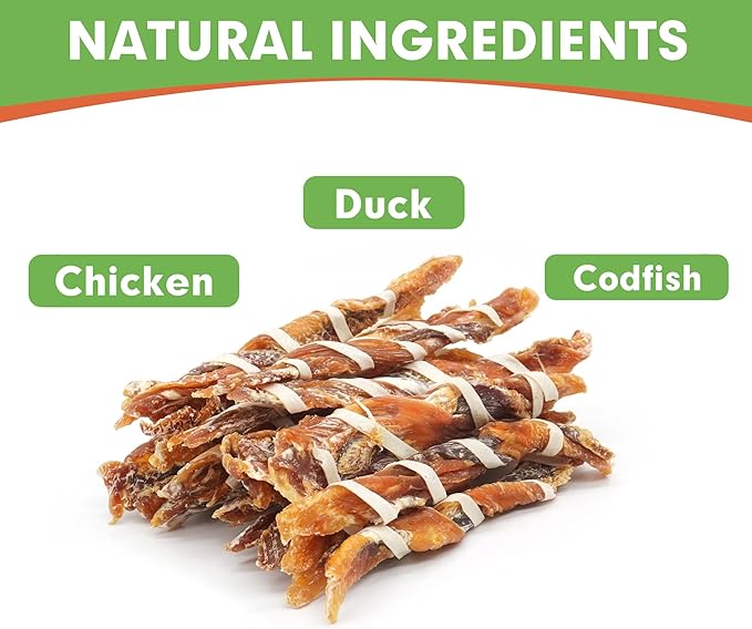 MON2SUN Dog Treats, Triple Flavor Jerky Twist Sticks, 5-7 Inch Chicken Duck and Codfish Sticks Chews for Small Dogs, Healthy Snacks, 10.58 oz (15 Count-Pack of 1)