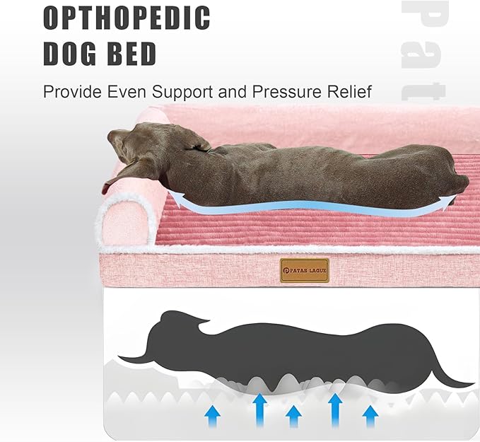 Patas Lague Orthopedic XL Dog Bed Large Sized Dog 48''X30'', Waterproof Comfortable L Bolster Big Extra Large Non-Slip Soft Warm Pet Crate Bed Sleep Sofa mat with Removable Washable Cover, Pink
