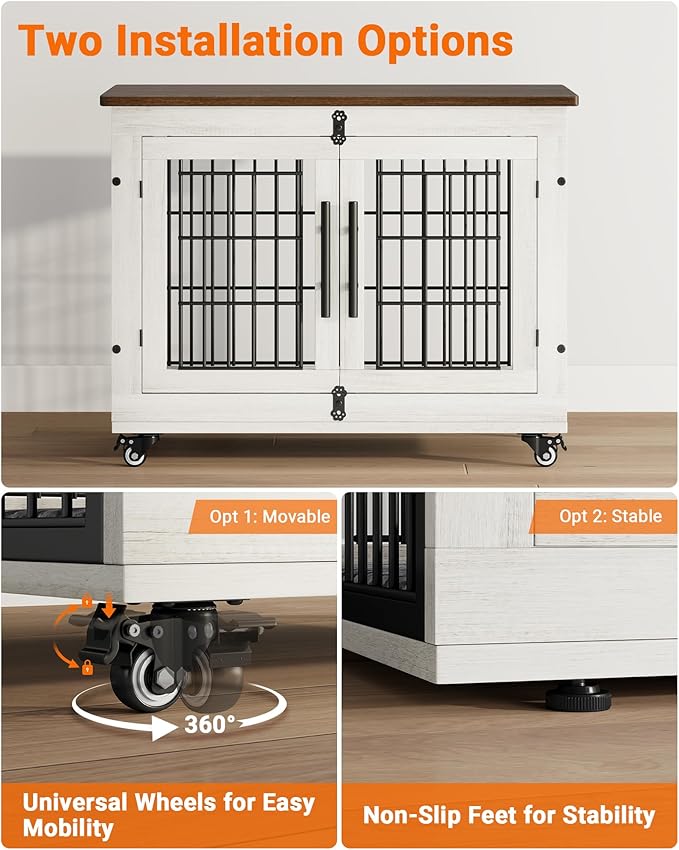 Dog Crate Furniture with Cushion, Wooden Dog Kennel Indoor with Double Doors, Dog Cage with Wheels, Dog House Side End Table for Small Medium Dogs up to 45 lb, 32.5" L, White