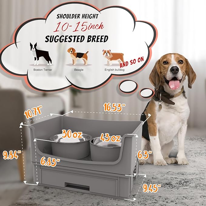 Elevated Dog Bowl Stand Set,Quiet Eating Mess Proof Raised Dog Bowls 2 Stainless Steel Pet Food Bowls,Splash Water Collection Non-Slip Medium Sized Feeding Table