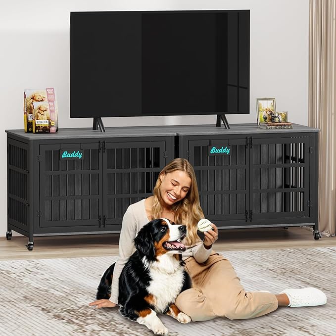 EasyCom 48"/42"/33" Dog Crate Furniture with Name Tag, Heavy Duty Dog Kennel Indoor for Large Dogs, Escape-Proof and Chew-Proof Dog Cage for high Anxiety Dog, Decorate House as TV Stand, End Table
