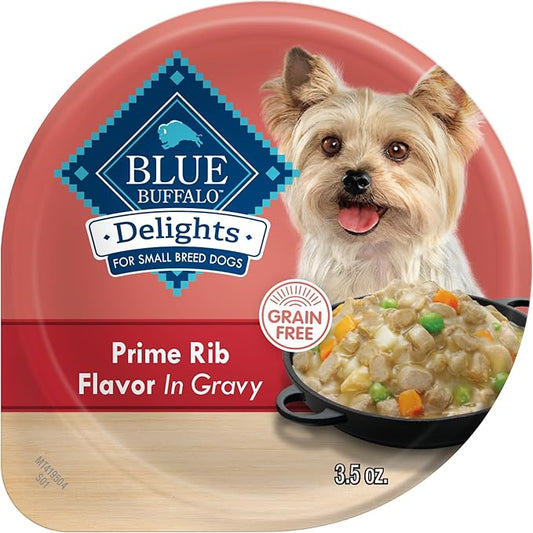 Blue Buffalo Delights Small Breed Natural Wet Dog Food, Prime Rib Flavor in Gravy, 3.5-oz Cups, 12 Count