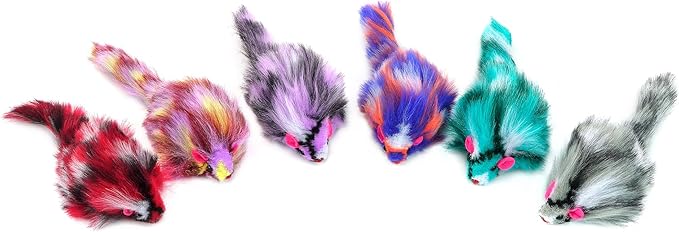 CHIWAVA 6PCS 3.1" Long Haired Furry Mice with Rattle Gradient Color Small Cat Toy Mouse Kitten Interactive Toy