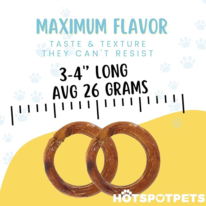 hotspot pets Bully Stick Rings for Dogs - (20 Pack) 4" Premium All Natural Long Twisted Beef Pizzle Dog Chew Treats, Low Odor- Grain Free Fully Digestible Rawhide Alternative -Thick Chew Circles