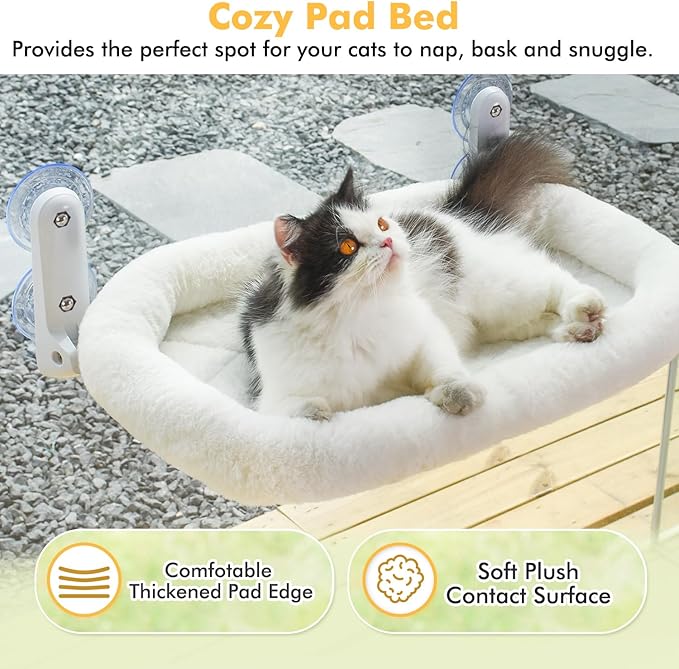 Cat Window Perch, Cordless Cat Hammock Window Seat with Cozy Pad Bed Cover for Indoor Cats, Durable Metal Frame Support Pet Bed with 4 Suction Cups for Large Cats (Cushion Pad Bed - White)