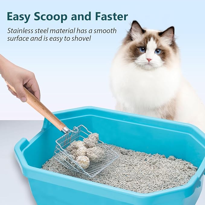 Cat Litter Scoop, 9.8" Extended Handle Premium Kitty Shovel with Hook and Hole, Metal Sifter Scooper Stainless Steel for Easy Cleaning, Durable and Heavy Duty, Odor-Free for Litter Box