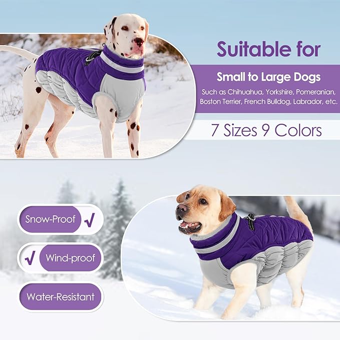 AOFITEE Dog Coat, Warm Dog Winter Coat for Large Dogs, Reflective Turtleneck Dogs Jacket with Harness Built in, Waterproof Windproof Pet Puffer Jacket Fleece Vest for Cold Weather, Purple XXXL