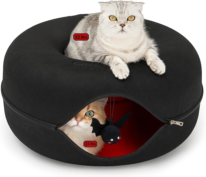 Cattasaurus Halloween Peekaboo Cat Cave for Multiple & Large Cats Up to 30-45 Lbs, Scratch Detachable & Washable Tunnel Bed, Comfy Donut Cat Cave (Gothic Bat, Large)