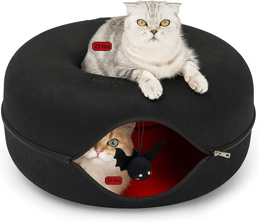 Cattasaurus Halloween Peekaboo Cat Cave for Multiple & Large Cats Up to 30-45 Lbs, Scratch Detachable & Washable Tunnel Bed, Comfy Donut Cat Cave (Gothic Bat, Large)