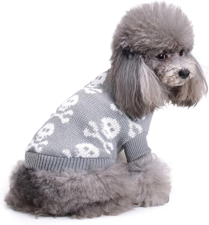 Skull Dog Sweater Holiday Halloween Christmas Pet Clothes Soft Comfortable Dog Clothes - Grey (Dog - Back Length 16")