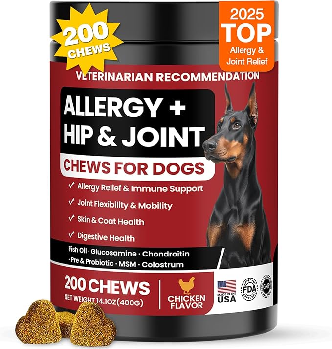 Dog Allergy Chews Hip and Joint Supplement for Dogs with Glucosamine Chondroitin for Anti Itch Skin Paw Pain Relief and Immune Pet Allergies Treats Chews for Itching and Licking Health Supplement Dogs