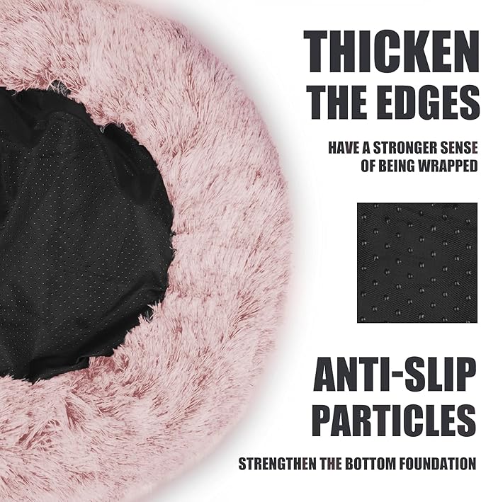 ShinHye Cat Bed Round Plush Fluffy Hooded Cat Bed Cave, Cozy for Indoor Cats or Small Dog beds, Soothing Pet Beds Doughnut Calm Anti-nxiety Dog Bed - Waterproof Bottom Washable (26×26inch, Pink)