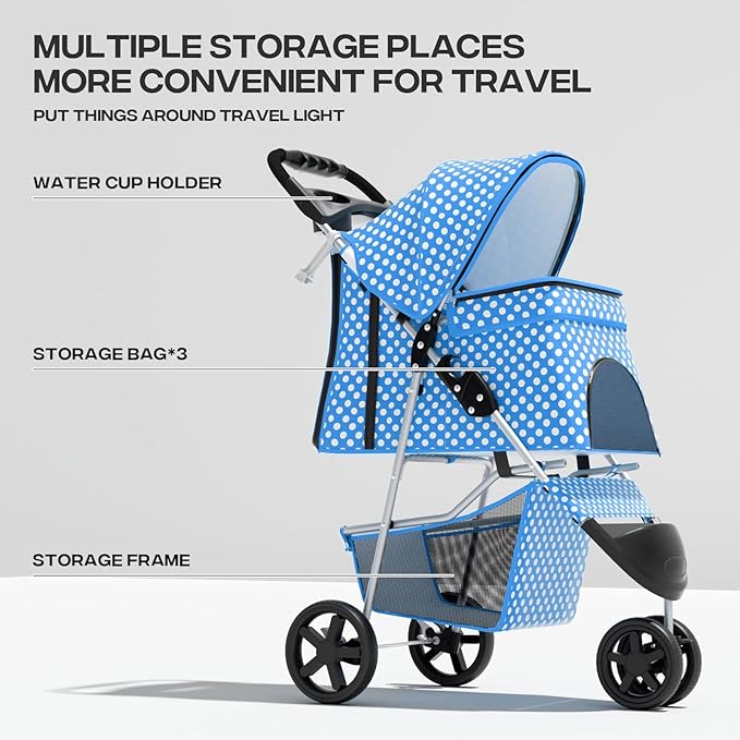 Cat Dog Stroller,3-Wheels Pet Stroller for Medium/Puppy Dogs 30 Lbs, Cat Strollers for 1 Cats, Foldable Dog Stroller with Storage Basket and Cup Holder, Breathable Mesh Blue Polka Dots
