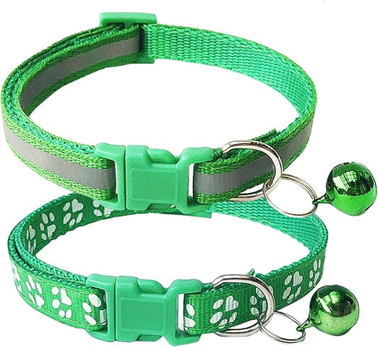 CHBORCHICEN 2-Pack Footprint & Reflective Cat Collar with Bell Basic Dog Cat Collar Buckle Adjustable Polyester Cat Dog Collar or Seatbelts (X-Small, Green)