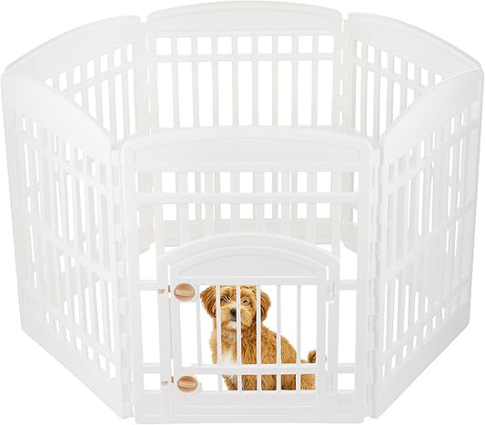 IRIS USA 34" 6-Panel Dog Playpen with Door, 44 x 63 x 34, Puppy Fence, Puppy Playpen, Dog Play Pen Indoors, Pet Fence, Puppies/Small Dogs, White
