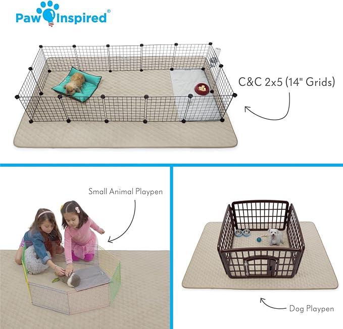 Paw Inspired Playpen Mat, Super Absorbent Fleece Cage Liner with Non-Slip Bottom, Waterproof Pet Play Pen Pad for Dogs, Rabbits, Guinea Pigs, Hamsters, Small Animals (Tan, 80x50 Inch Rectangular)