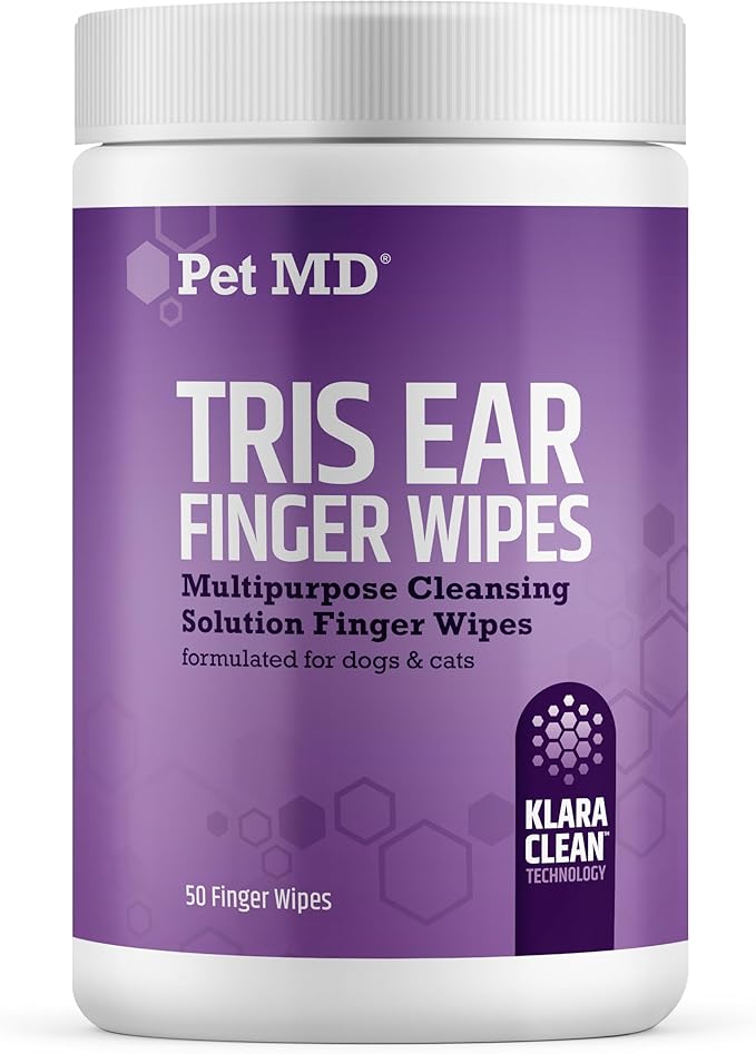 Pet MD Tris Ear Finger Wipes for Dogs & Cats - Multipurpose Cleansing Solution Cat Ear Wipes & Puppy Ear Cleaner - Pet Safe Cleaner to Clean and Remove Debris - 50ct