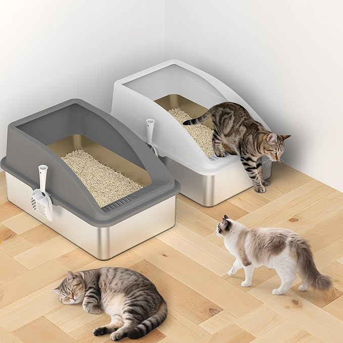 2 Pack Stainless Steel Litter Box | XL Enclosed Cat Litter Boxes with Lid for Big Cats and Multi-Cats | High Sided, Anti-Urine Leakage | Non-Stick Bottom（Multi-Colored