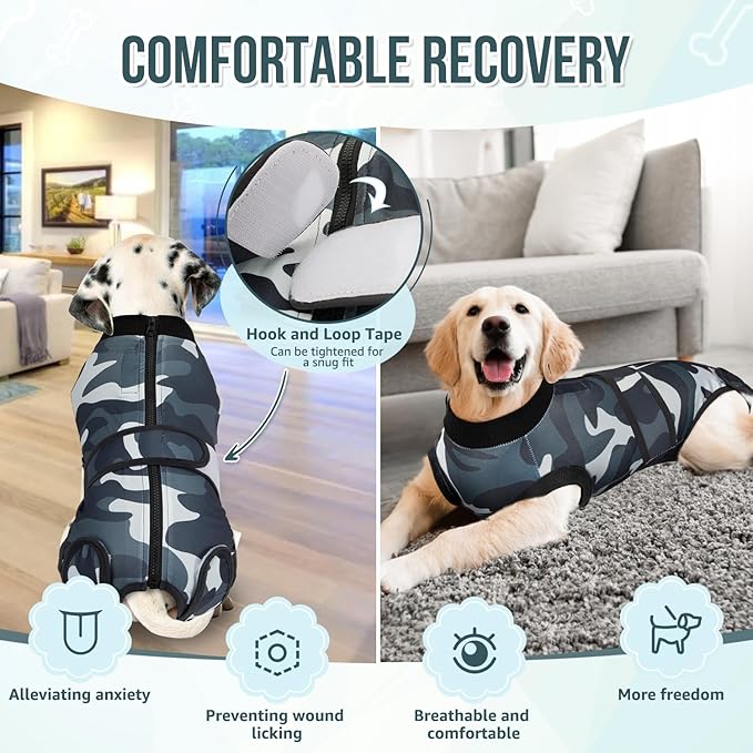 Lukovee Recovery Suit for Dogs, Zipper On Recovery Suit for Female Male Dog, Onesie Abdominal Wounds Cone E-Collar Alternative Prevent Licking Spay Recovery Suit (L,CF)