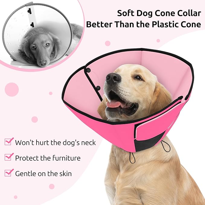 Queenmore Dog Cones for Small Dogs, Soft Cone for Dogs After Surgery, Adjustable Comfy Cone for Dogs & Cats, Comfortable Pet Cone After Surgery for Wound Healing, Pink S