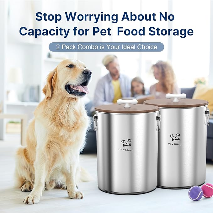 2PK 25 Lbs total 50 Lbs Stainless Steel Dog Food Storage Container with Airtight Wooden Lid & Ceramic Bone Handle, Large Metal Dog Food Bin for Dogs & Cats, Keep Fresh, Easy to Clean