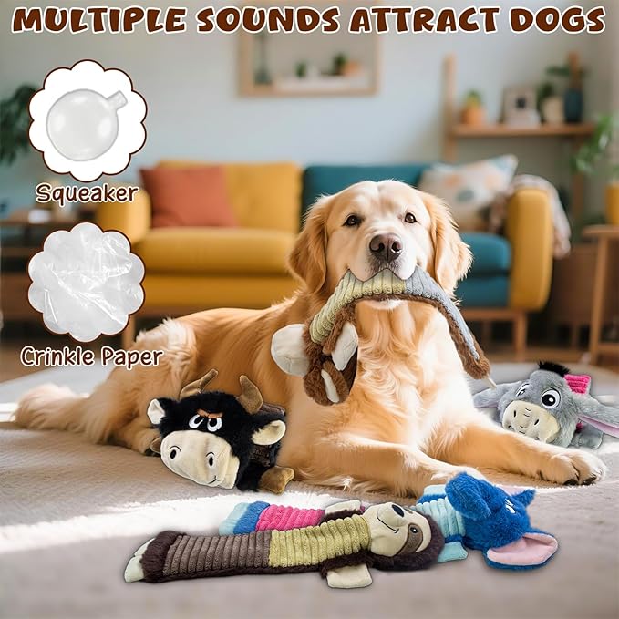 5 Pack No Stuffing Dog Squeaky Toys, Dog Chew with Crinkle and Squeaker, Cute Animal Plush to Keep Them Busy, Suitable for Large and Aggressive Chewers