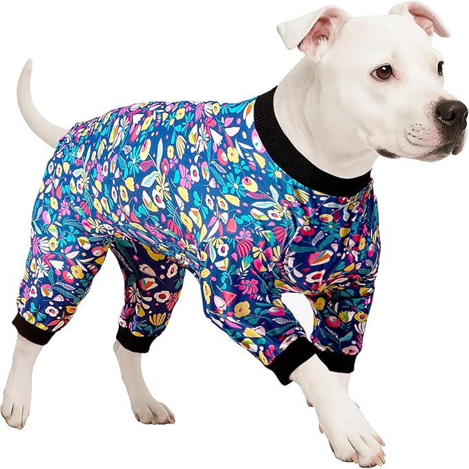 LovinPet Dog Pajamas Apparel for Giant Dogs, Pitbull Clothes, Stretch Knit, Hawaiian Flowers Print, Big Dogs Pullover Onesie, Pajamas for Pitbulls, Pitbull Onesie, Full Coverage Big Dog Pjs, Large