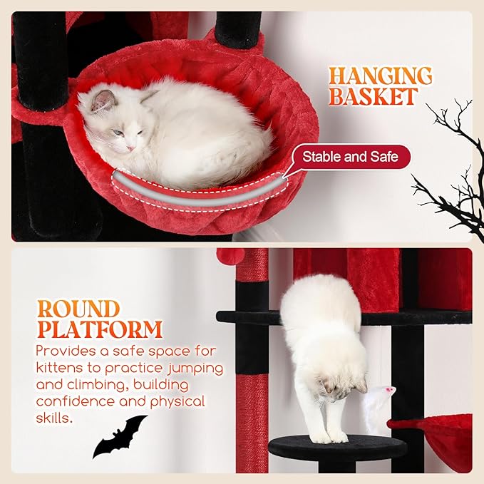 Globlazer Gothic Cat Trees and Towers for Multiple Adult Cats, 82-inch XXL Tall Goth Cat Tree Tower for Indoor Cats with Scratching Post, 3 Perches, 2 Condos, 2 Hanging Baskets, F82, Black Red