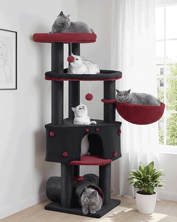 Cat Tree Tower for Indoor Cats Large Adult - Heavy Duty Extra Wide Scratching Post (φ4.4in) Maine Coon Condo House with Hammock Tunnel - 60 Inch XL Feline Bed Trees - Big Multi Level Cat Houses Stand