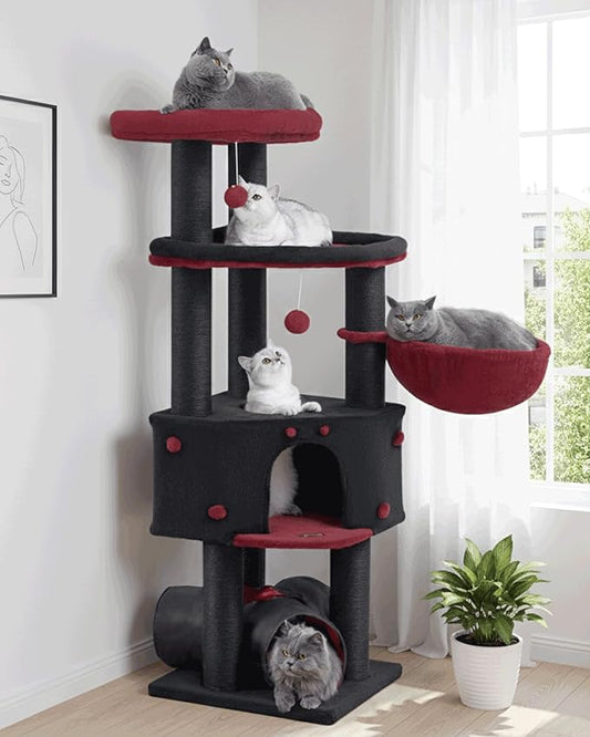 Cat Tree Tower for Indoor Cats Large Adult - Heavy Duty Extra Wide Scratching Post (φ4.4in) Maine Coon Condo House with Hammock Tunnel - 60 Inch XL Feline Bed Trees - Big Multi Level Cat Houses Stand