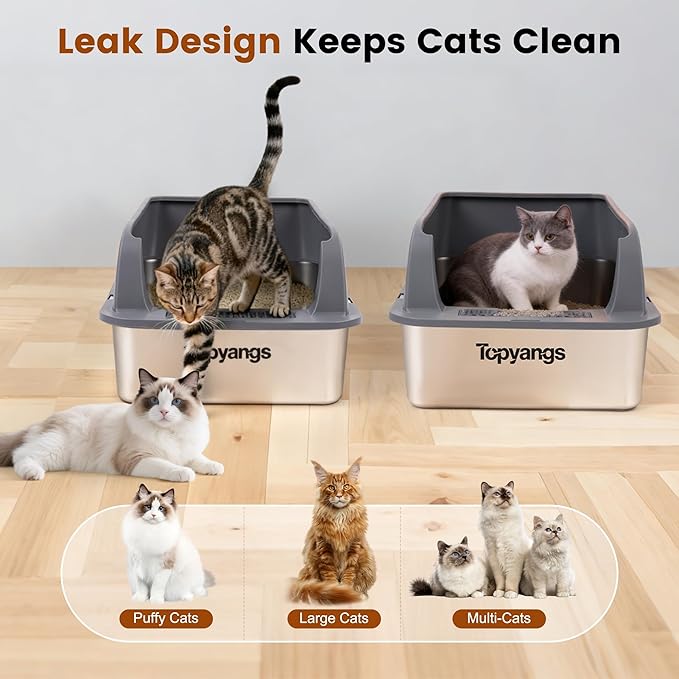 2-Pack Stainless Steel Litter Box, Extra Large Litter Boxes for Big Cats, XL Metal Cat Litter Box with Lid High Sides, Anti-Urine Leakage, Non-Sticky, Scoop Included