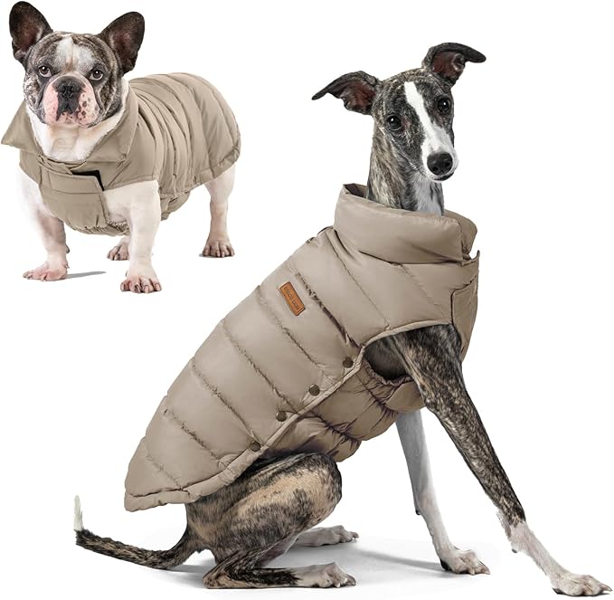 SPACE LION Puffer Jacket, Down Winter Coat, Durable Outdoor Coat for Cold and Windy Conditions, Waterproof, Windproof, Lightweight Jacket, Adjustable Fit for Small, Medium Dogs(Khaki,M)