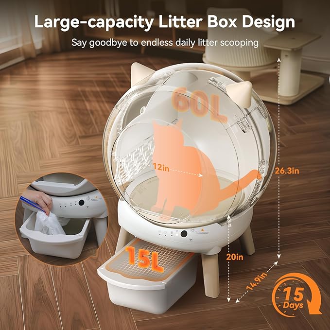 Self Cleaning Litter Box - E2 Automatic Cat Litter Box Large Smart Self Cleaning Robot for Cats, Double Safety Protection, App Control, 2 Roll Garbage Bags & Mat