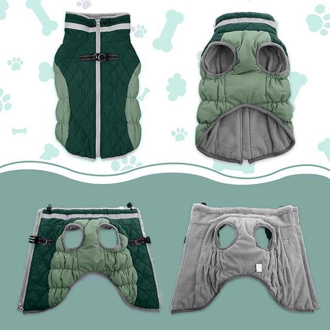 Lelepet Warm Dog Winter Coat Dog Coats for Large Dogs Waterproof Dogs Jacket with Harness Built in Reflective Cold Weather Coats Windproof Zip-Up Winter Fleece Vest Snowsuit Pitbull Teal Green XXL