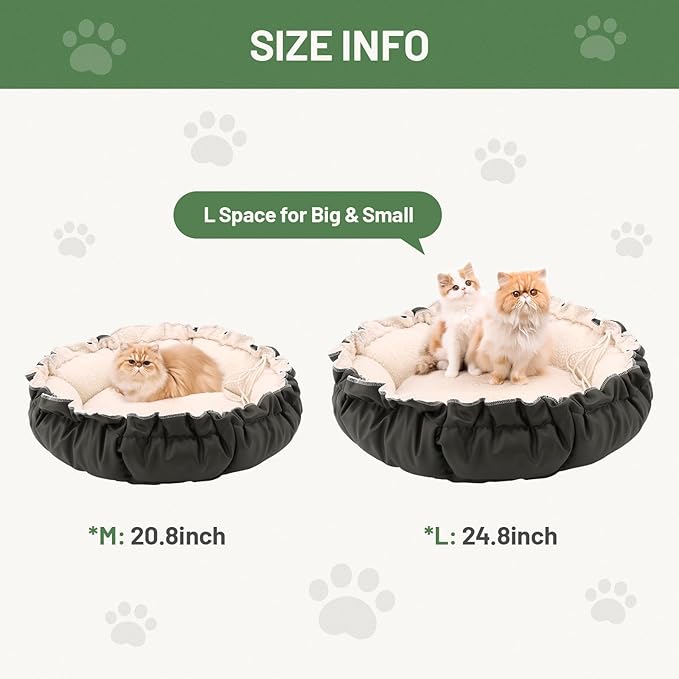 All-Season 2-Sided Pet Bed, 20.8 Inch Adjustable Drawstring Cat Bed and Small Dog Bed, Reversible with Cozy Warm Plush Sherpa Side & Cool Anti-Slip Water-Resistant Bottom for Cats and Small Dogs