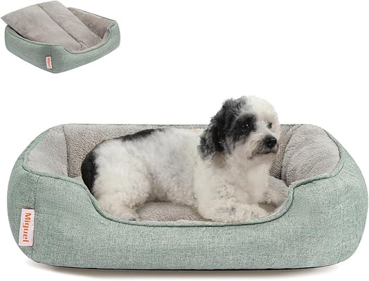 Miguel Faux Linen Dog Bed with Removable Cushion Pillow for Medium Small Dogs, Washable Pet Bed with Side Easy to Wash Puppy Bed, Rectangle Cat Bed for Indoor Cat with Anti-Slip Bottom, Green 25 Inch