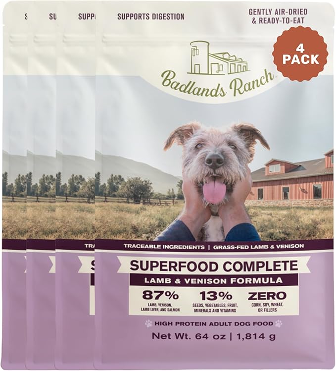 BADLANDS RANCH by Katherine Heigl- Superfood Complete, Air-Dried Adult Dog Food - High Protein, Zero Fillers, Superfood Nutrition (64 Ounce (Pack of 4), Lamb & Venison)