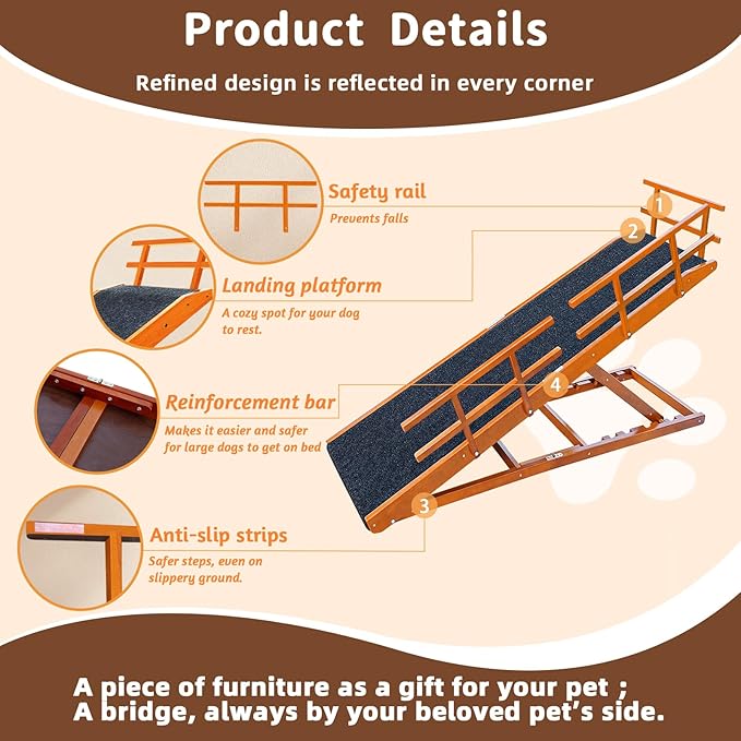 Dog Ramp for Bed - 65" Length, Supports up to 32" Height,Includes Non-Slip Replaceable Carpet, Safety Rails &Landing Platform,Adjustable & Foldable Pet Ramp for Large/Senior Dogs to Get on Bed-Walnut