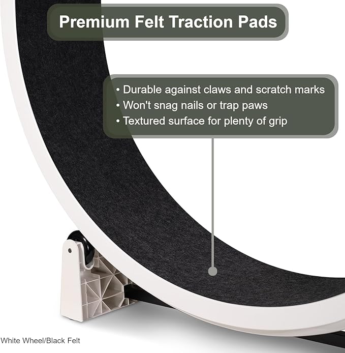 One Fast Cat - Cat Exercise Wheel - Gen. 7 - Safe 48" Diameter - Made in The USA - White Wheel with Black Felt Traction Pads and Solid Black Inline Wheels