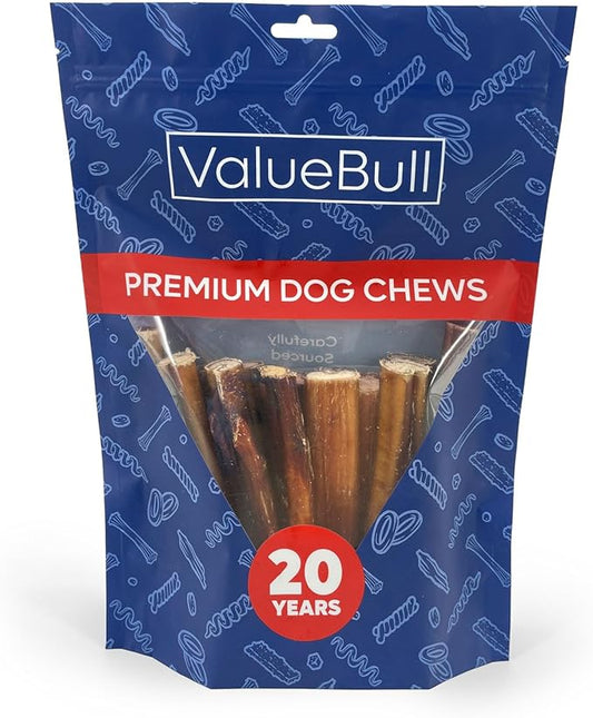 ValueBull Bully Sticks for Large Dogs, Jumbo 6 Inch, 25 Count - All Natural, Grass Fed, Single Ingredient, Long Lasting Dog Treats for Aggressive Chewers