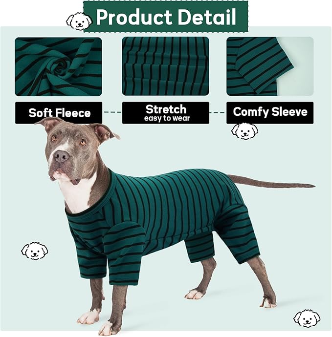 Striped Dog Pajamas - Pijamas for Small to Large Dogs, Fleece Shedding Suit, Stretchy & Machine-Washable Pjs, Belly Cut for Males, Great for Surgery & Cold Weather, Green XL