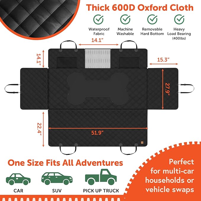 Dog Car Seat Cover for Back Seat Hard Bottom Protector -Waterproof Dog Hammock for Cars Mesh Window Panel - Heavy Duty 400lbs Backseat Extender for Dogs, Sturdy Pet Seat Covers for Trucks SUV