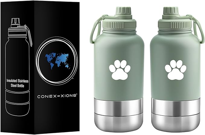 32 oz Portable Dog Water Bottle & Bowl for Travel- 3 in 1, Stainless Steel, Leak-Proof, Insulated (Gentle Green, 32 oz)